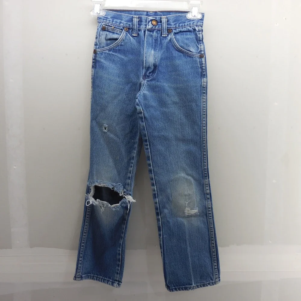 Vintage Wrangler Youth Jeans 10 Regular Made in USA Blue Thrashed 22x23 595BSWR
